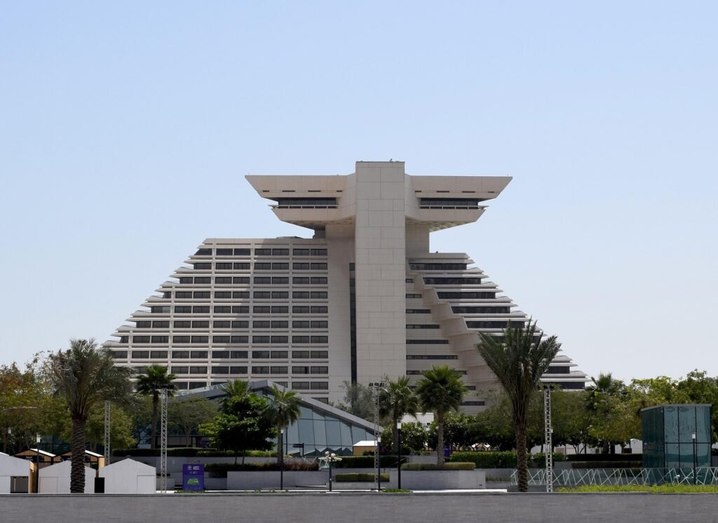 architecture, outdoors, city, doha, qatar, sheraton hotel, building, hotel, blue hotel, doha, qatar, qatar, qatar, qatar, qatar